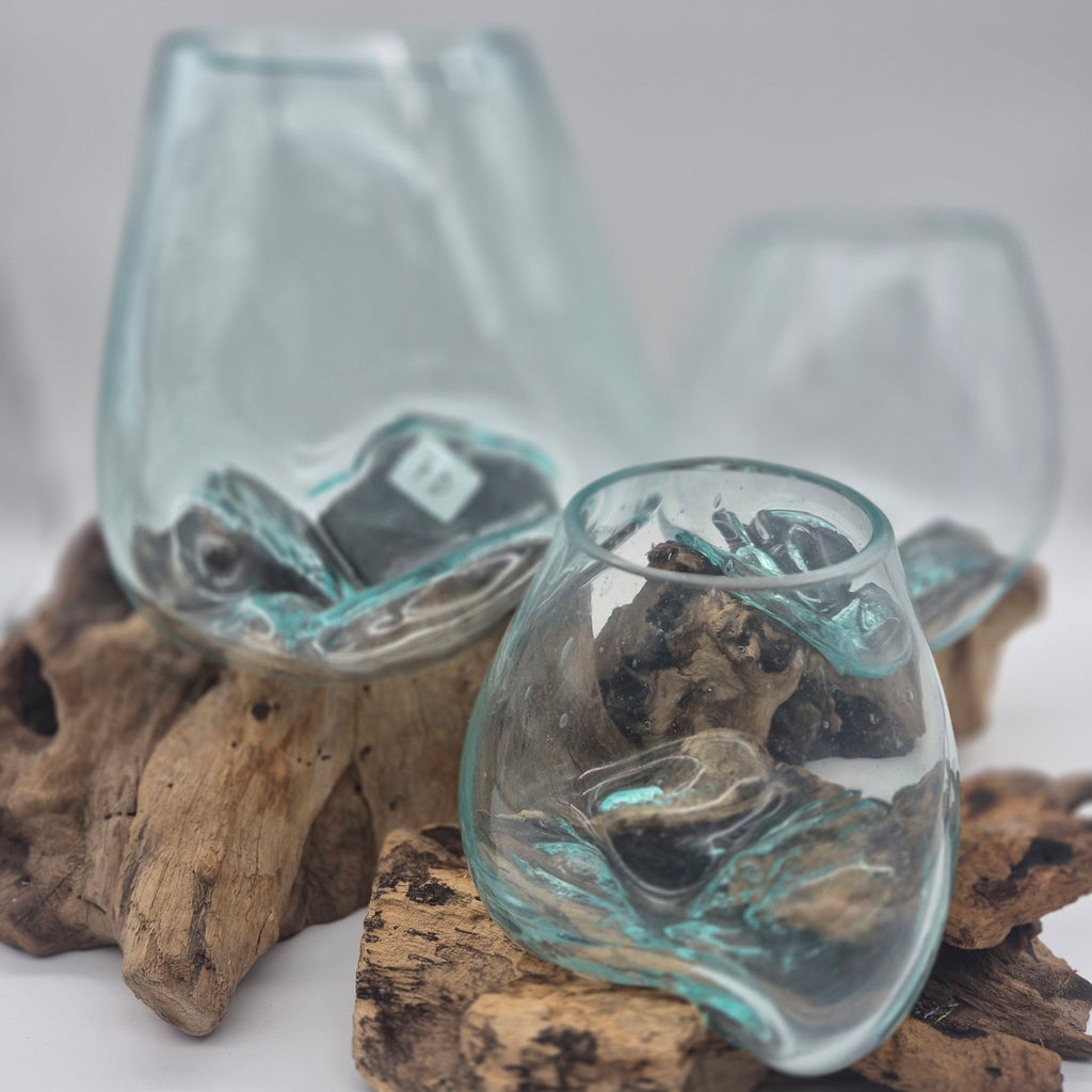 Handcrafted Wood & Glass Slump Bowl – Bali Artisan Décor (Multiple Sizes)